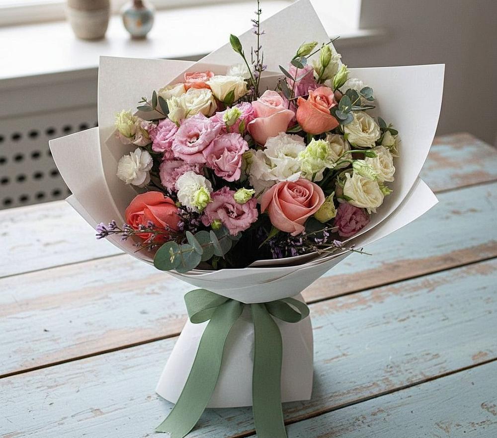 Букет цветов из: Розы, Лизиантусы и Гвоздики в Думиничи