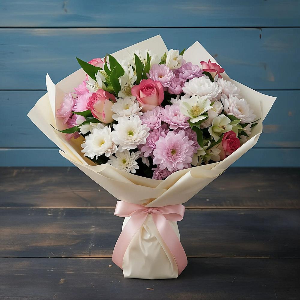 Букет цветов из: Хризантемы, Альстромерии и Розы в Думиничи